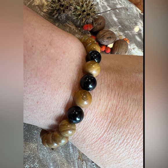 Men Petrified Wood Bracelet Black Onyx Natural Gemstone Stretch Beaded 8 mm 19cm - Picture 2 of 2
